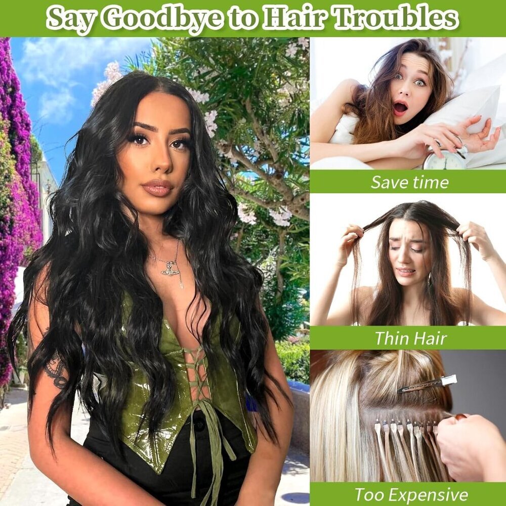 Invisible Wire Hair Extensions Black Long Wavy 20 Inch Clip-In Women - Picture 2 of 8